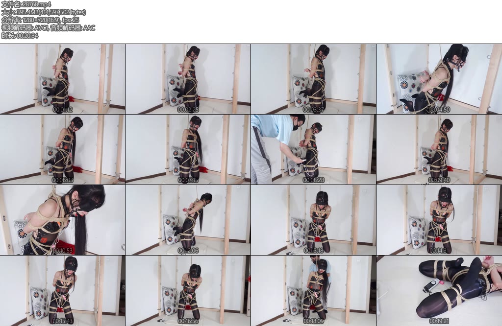 [亚洲绳艺] 油亮黑丝美腿性感透视皮衣捆绑马具口球电击震动跪立放置调教-丝依依