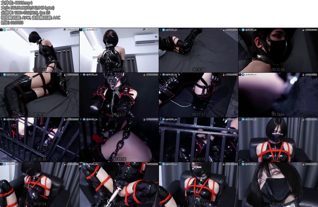 [JIOJIO原创] 黑色PU漆皮紧身衣合集1单手套拘束双手金属项圈锁颈拘束带束腿震动B强制GC2K9套装密室监禁-丝依依