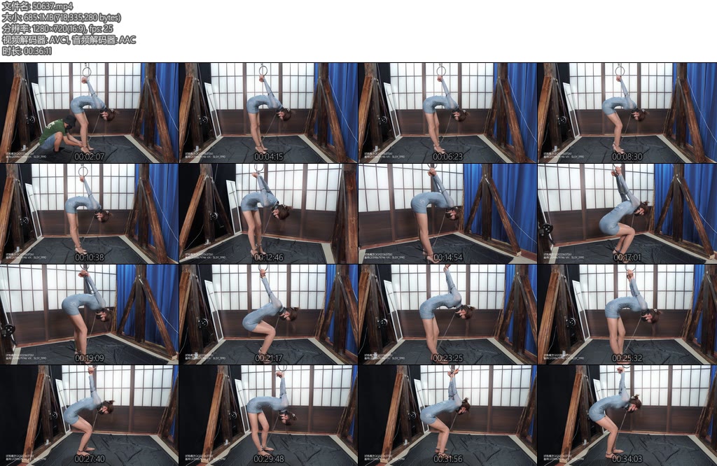 [试炼原创] 倩倩蓝旗袍肉丝高跟镣铐弯腰手反吊脚腕脚拷限位行动受限非常难受最后跪倒在地久久不能起身-丝依依