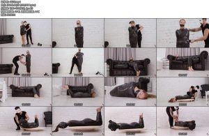 [欧美绳艺] Anna Luna Mummified in Black Duct Tape Struggling Around and Spinning on a Turntable in a Leather-丝依依