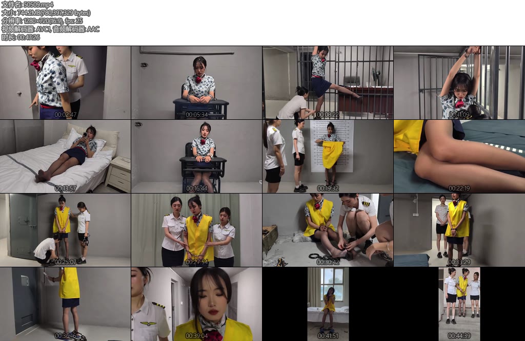 [忘忧社] 新模特若琪饰演一名帮忙境外运输D品的空姐被帽子姐姐抓获一开始拒不承认被吊起手脚狠狠惩罚一会就老实了在监狱里带手铐脚铐指认现场-丝依依
