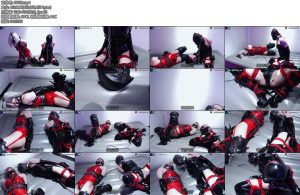 [JIOJIO原创] 红X黑漆皮紧身衣奴隶锁链互连放置强G黑乳胶头套马具开口塞郊狼电击震动钢S震动B固定强高红皮革眼罩马具口球拘束带衣K9腿套训练器强制-丝依依