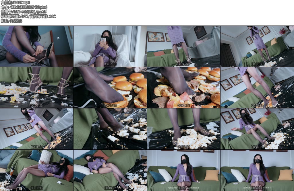 [悠米原创] 老板让美女准备了很多食物招待客户却被放了鸽子一气之下美女穿着高跟鞋踩踏包子把鞋子脱了踩踏汉堡寿司之类最后还要一边放着T蛋享受-丝依依