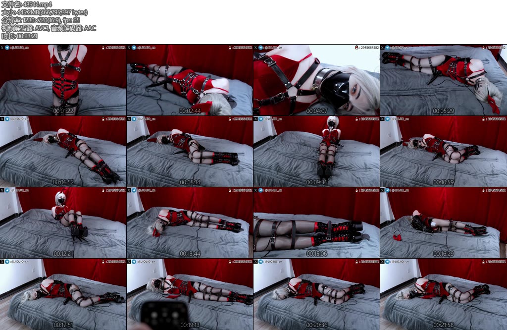 [JIOJIO原创] 红丝绒兔女郎3拘束带直腿单手套拘束黑红高跟靴床上放置郊狼超强电击直接电到泪流震动B固定强制GC-丝依依