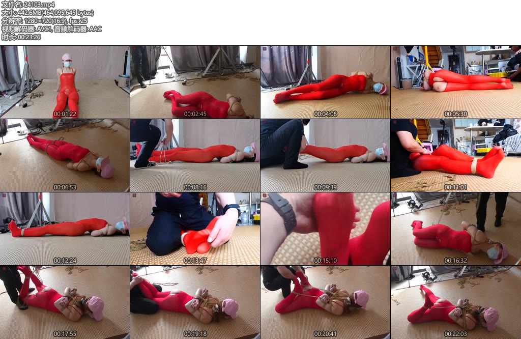 [绳之韵] 小呆棒球帽少女的红色连体丝捆绑游戏（序幕篇）-丝依依