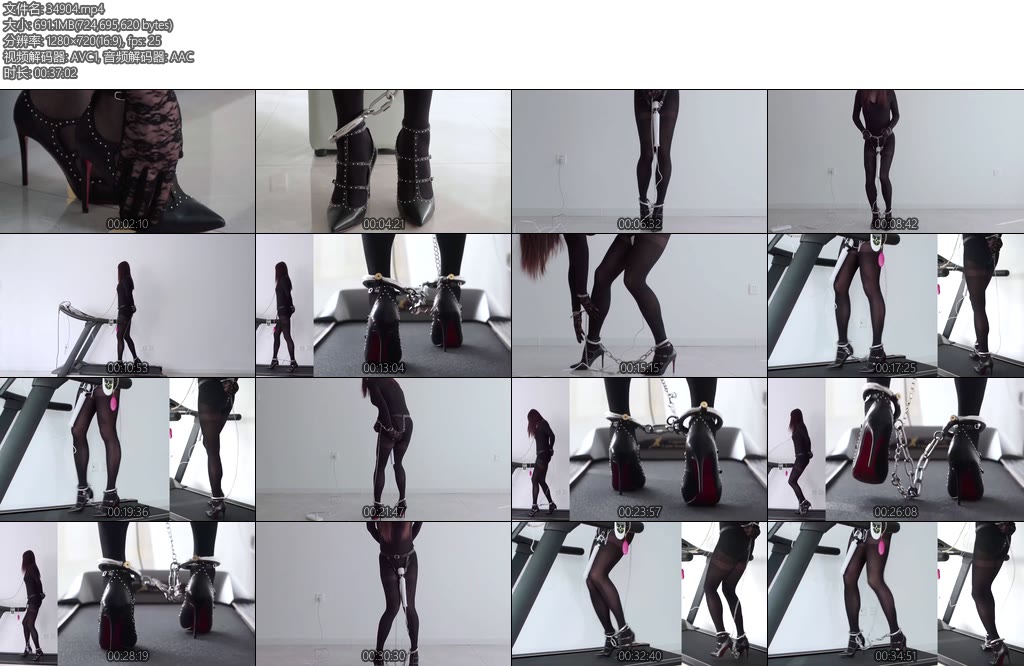 [亚洲绳艺] 连体衣黑丝高跟手脚连铐电动BB金属GSTD电击器在跑步机上-丝依依