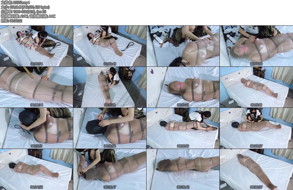 [樱束原创] 禁锢丝袜头套全包 白色内衣裤加油亮白丝皮带禁锢口球紧塞吸乳跳D棒棒固定强震强G戴头套加多层丝袜全包难受挣扎-丝依依