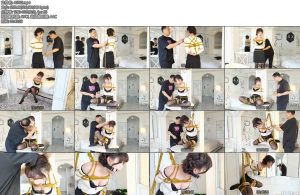 [锐度主张] 嫣儿 OL高筒袜包臀裙黄绳捆绑日式M分腿吊缚口枷强制开口夹舌-丝依依