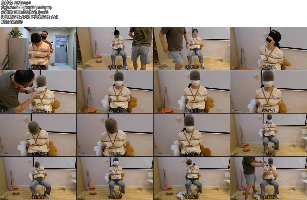 [JS原创] 梦琪椅子上的束缚毛巾塞嘴胶带丝袜头套绷带口罩严密封堵-丝依依