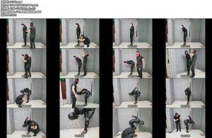 [飞天原创] 柔柔皮衣高跟,丝袜堵嘴，皮帽全封,呼吸困难,双腿紧缚、黑带直臂紧缚高吊，原地挣扎-丝依依