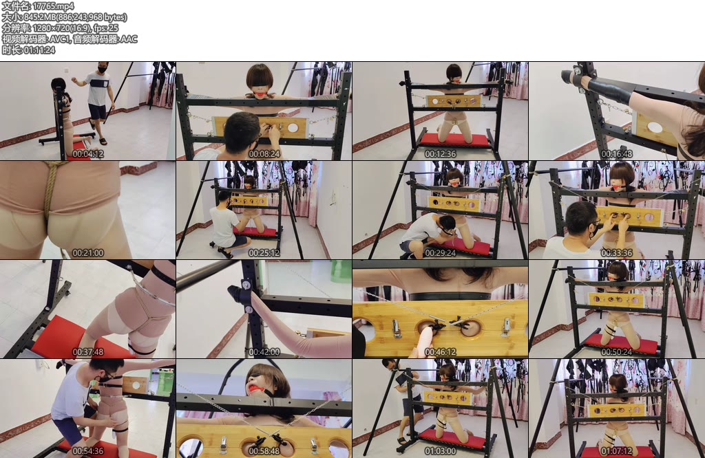 [浅浅原创] 拘束架11，塞进木枷孔被鳄鱼乳夹拉扯铁链锁-丝依依