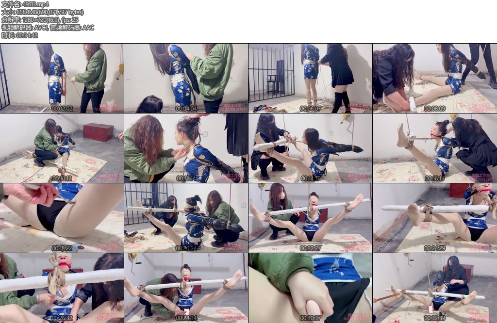 [媚娘原创] 来自哥哥的灵感水儿和媚娘把书瑶直臂捆绑戴上直臂单手套有用绳子固定在背后的升降杆上双腿打开接近于一字马脚踝绳子固定在棍子上将棍子吊起最后书瑶保持这个痛苦的姿势-丝依依