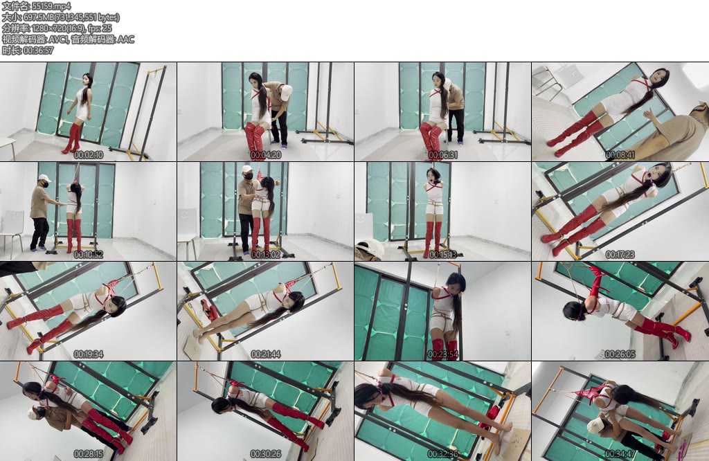 [冰悦原创] 红色过膝长靴单手套超紧直臂链接股绳吊缚双口环口夹强制抬头放置-丝依依