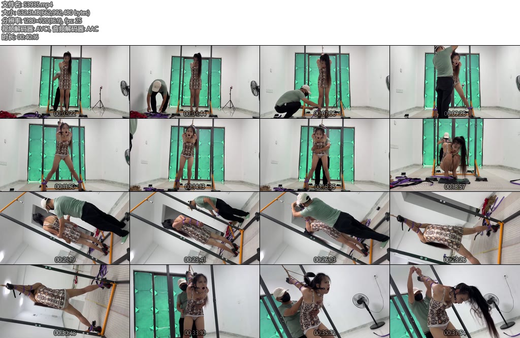 [冰悦原创] 非常痛苦的姿势穿着12公分高跟鞋分腿站立束缚皮带超紧直臂吊绑抬头带压舌口枷流口水-丝依依