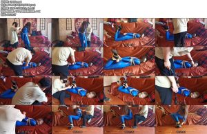 [JS原创] 瑾萱 蓝色胶衣 欧式直臂捆绑 丝袜套头勒嘴 DD刺激-丝依依