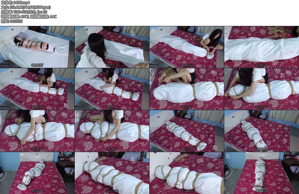 [樱束原创] 入室危机之床单包裹全包 小姐姐天降横祸被歹徒入室胶带捆绑丝袜塞嘴透明胶带封嘴乳夹跳D棒棒固定折磨-丝依依