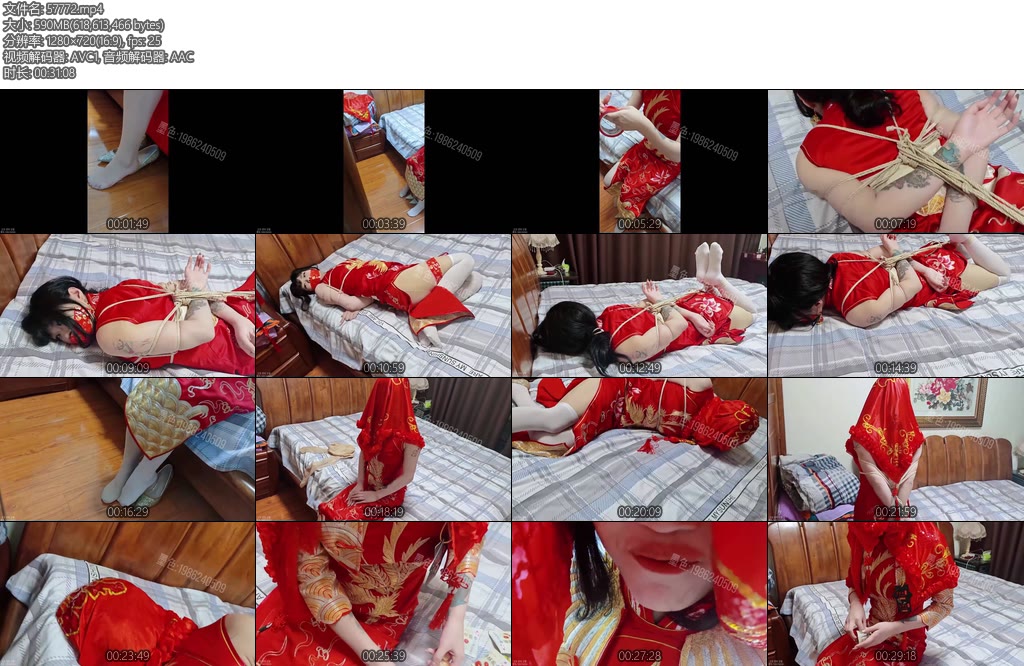 [墨色原创] 旗袍驷马震动棒强高脱内裤塞嘴模拟中式新娘被捆绑盖红盖头吃东西-丝依依