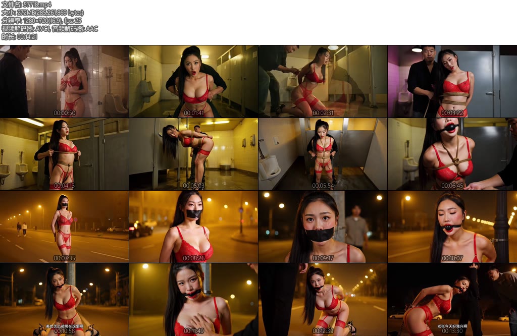 [惜缘原创] AI大作深夜男厕开始的调教仪式黑色蕾丝情趣内衣狗链牵引厕所内深吻绳缚口球强制吞咽口水随后解开麻绳换上金属脚铐手铐宽胶带三重封嘴夜间无人的大马路公开遛狗路灯下被绑在电线杆跪姿-丝依依