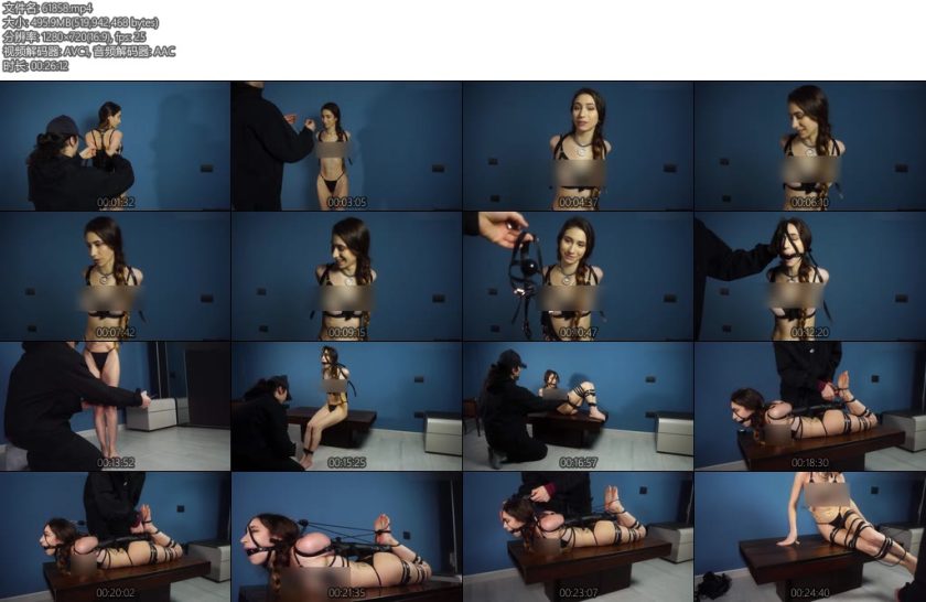 [欧美绳艺] Rey gag test, nipple challenge with metal locks and ratchet pulleys harness gag, ballgag, hogtied-丝依依