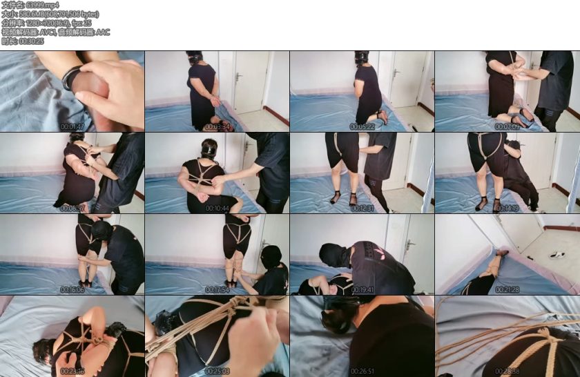 [绳艺馆] 短黑丝手铐脚铐手心塞满纱布黑胶带缠紧股绳驷马紧缚放置挣扎-丝依依